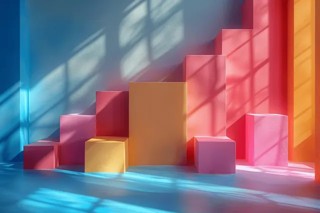 Translucent pastel cubes are stacked into steps on a white table under soft studio light.