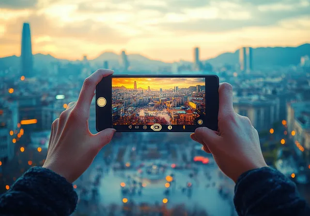 A person holds a smartphone photographing a sunset city skyline with illuminated buildings and streetlights.