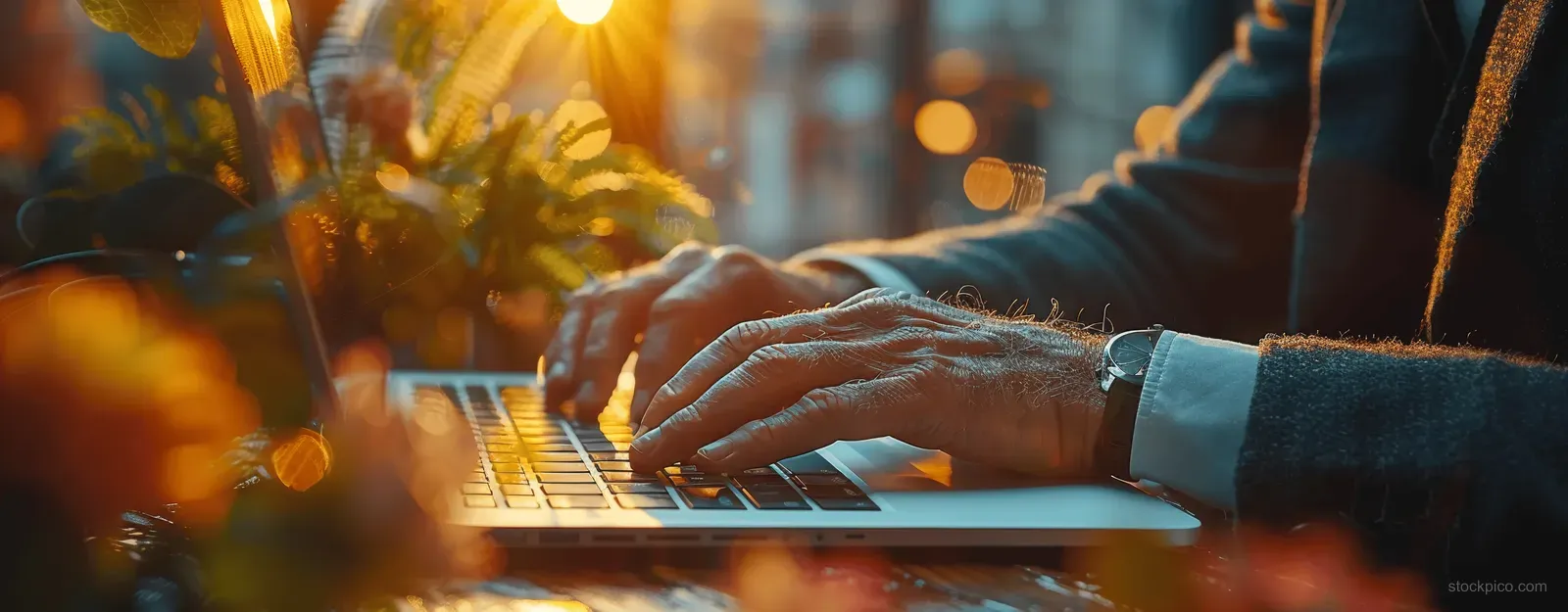 A businessman types on a laptop at an office desk with warm bokeh lights in the background.