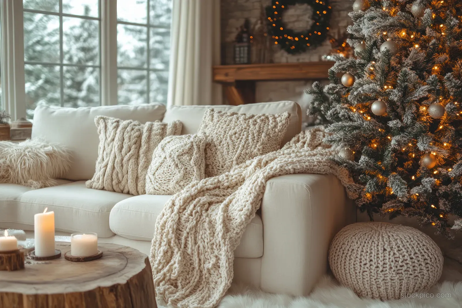 Cozy living room with a lit Christmas tree, sofa with knitted blankets, and candles on a coffee table by a window.
