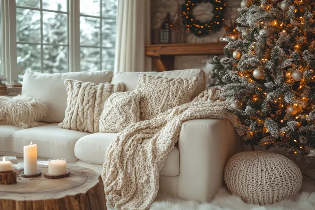 Cozy living room with a lit Christmas tree, sofa with knitted blankets, and candles on a coffee table by a window.