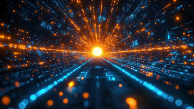 Neon blue and orange data lines racing through a glowing digital speed tunnel