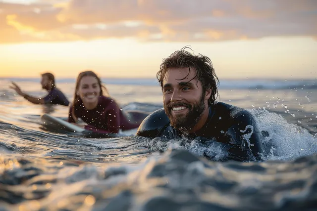 A smiling couple paddles through choppy ocean waves at sunset with surfers behind them.
