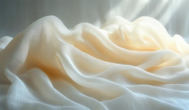 Close-up of a white twill silk scarf draped in layered folds with soft wrinkles on a light fabric background.