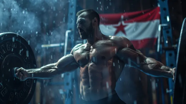 Georgian weightlifter raises a bar overhead during a clean and jerk with chalk dust and a flag behind.