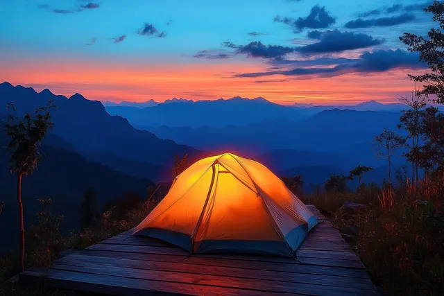 Illuminated camping tent on wooden deck overlooking layered mountain ranges at vibrant sunset