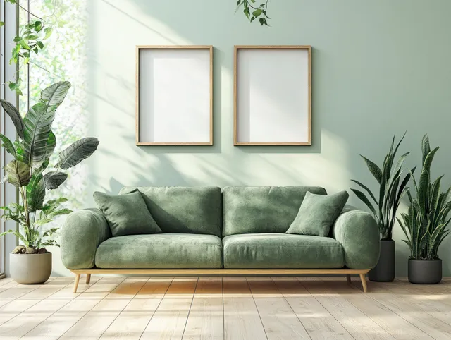 Soft green sofa sits against white walls with two empty picture frames while potted plants flank it in sunlit minimal living room.