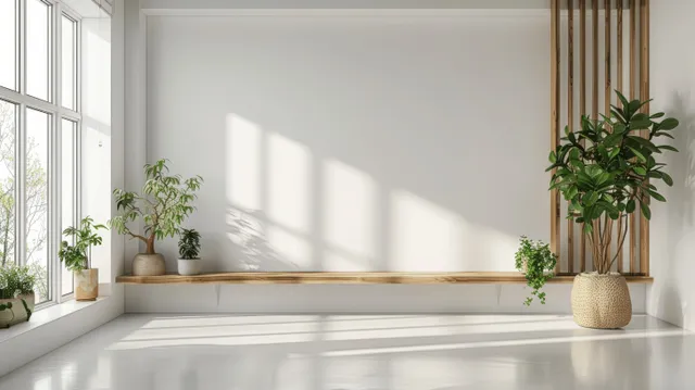 Wooden bench against a white wall with potted plants and bright natural light from large windows.