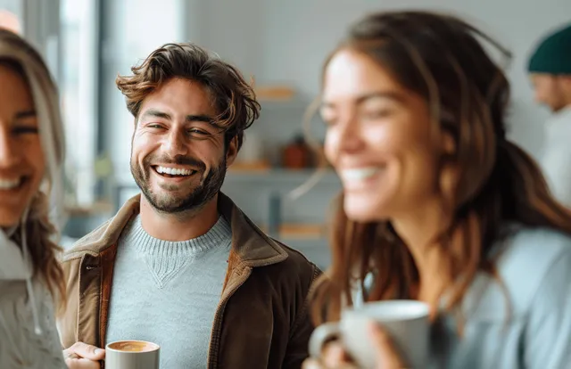 Smiling colleagues sit and stand near an office window holding mugs of hot coffee during a break.