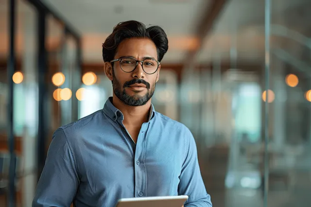Confident young Indian businessman holding a tablet in a glass-walled modern office