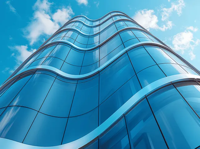 Futuristic skyscraper with curved glass windows and reflective blue panels set against a contemporary skyline.