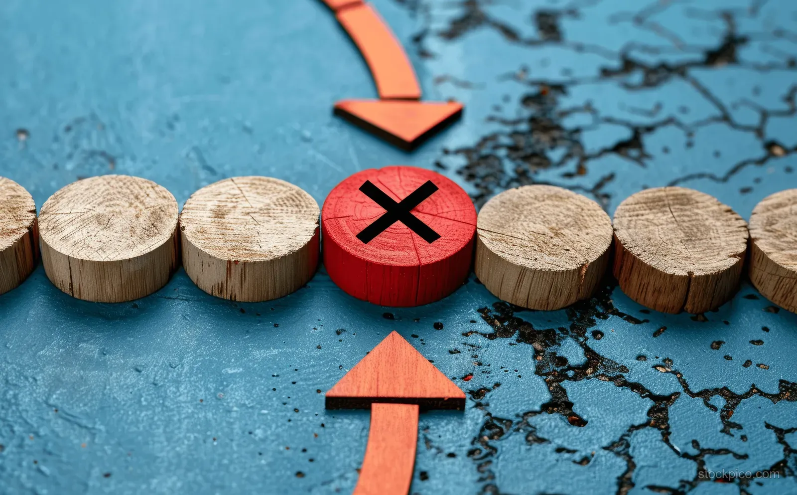Wooden arrow blocks curve on a blue map toward a red circle with an X marking a wrong decision.