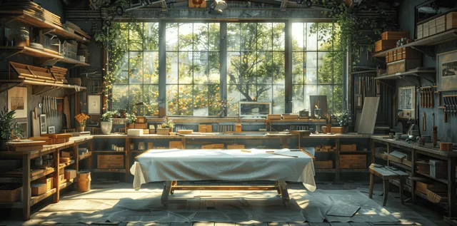 Sunlit woodworking workshop interior with a central workbench, hanging tools, and sunlight through large windows.