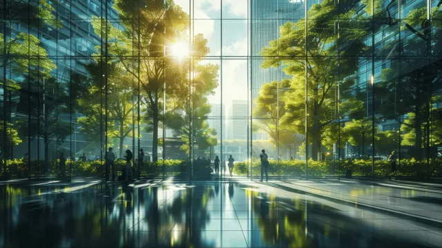 Sunlight pours through a glass office interior as trees reflect across a smooth walkway with distant silhouettes.