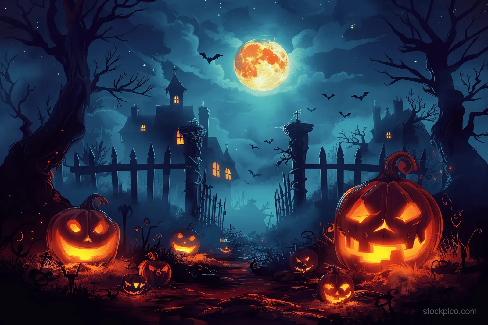 A haunted house glows in moonlight with carved jack o lanterns, dark trees, fog, and bats flying overhead.