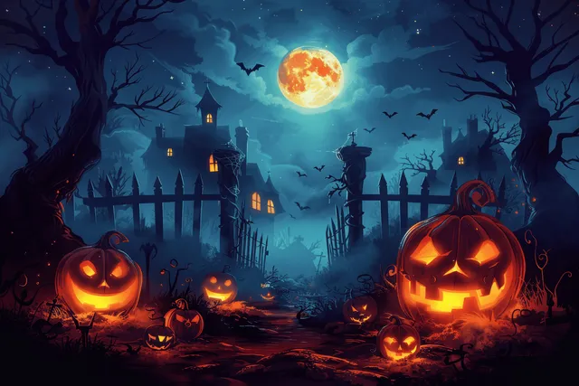 Haunted house at moonlit Halloween night with glowing jack o lanterns and flying bats with Night Sky And Moon