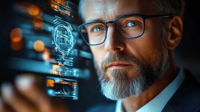 A focused mature man with glasses analyzes a transparent futuristic data interface with blue and orange graphics in a dark setting.