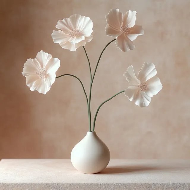 Flores abstratas brancas em um vaso fosco ficam sobre um pedestal bege contra um fundo neutro e acolhedor.