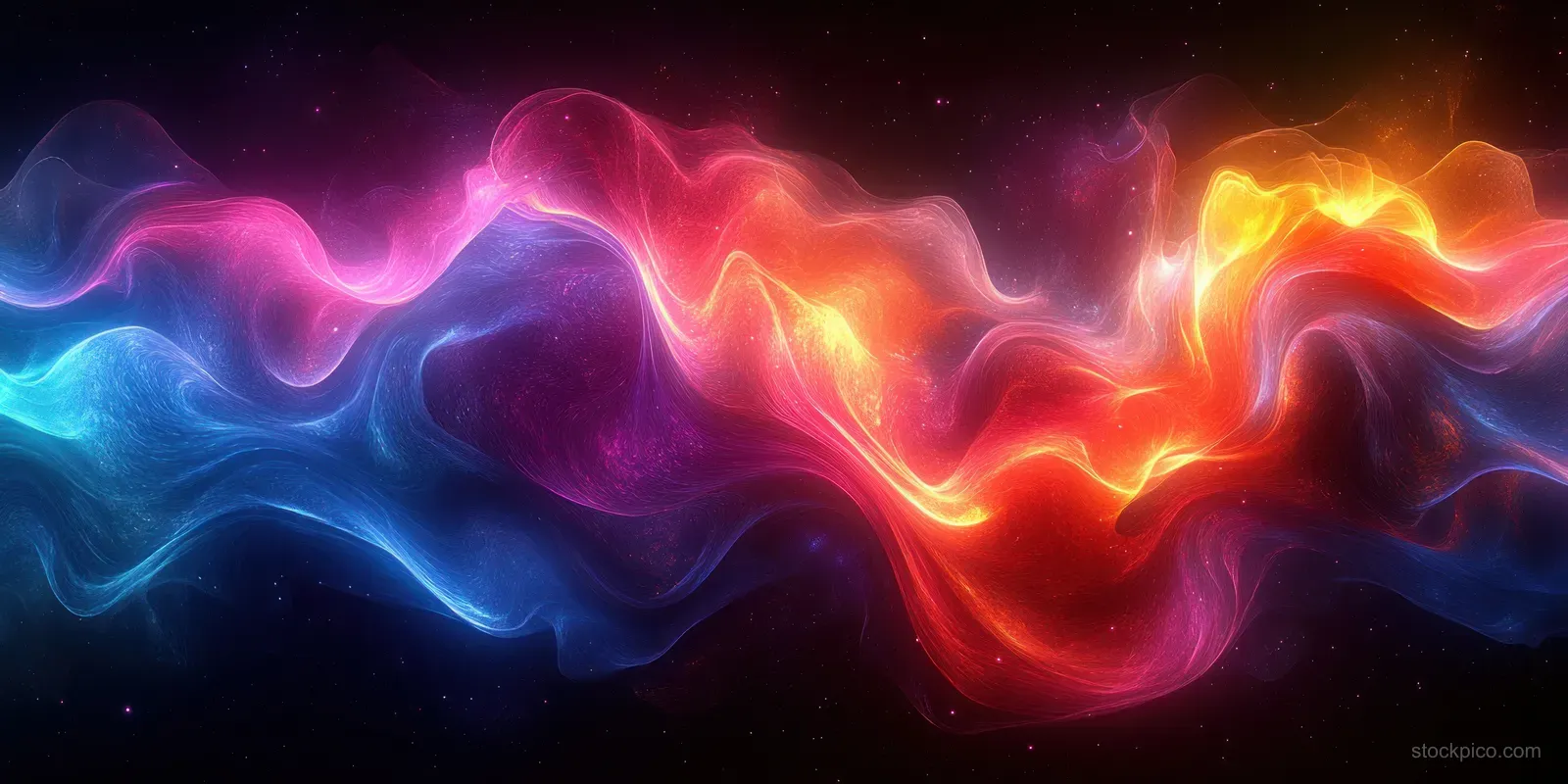 Neon fluid wave ribbons swirl across a dark background with soft glowing backlight and vibrant color trails.