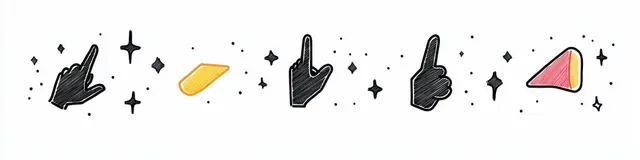 Hand-drawn mouse cursor icons and pointer symbols in black, with a few colored elements, arranged on a white strip.