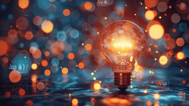 Glowing light bulb floating above bokeh circuitry background with sparkling energy sparks