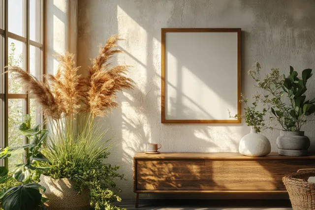 Empty picture frame sits on a wooden sideboard in a sunlit living room with leafy shadows and plants.