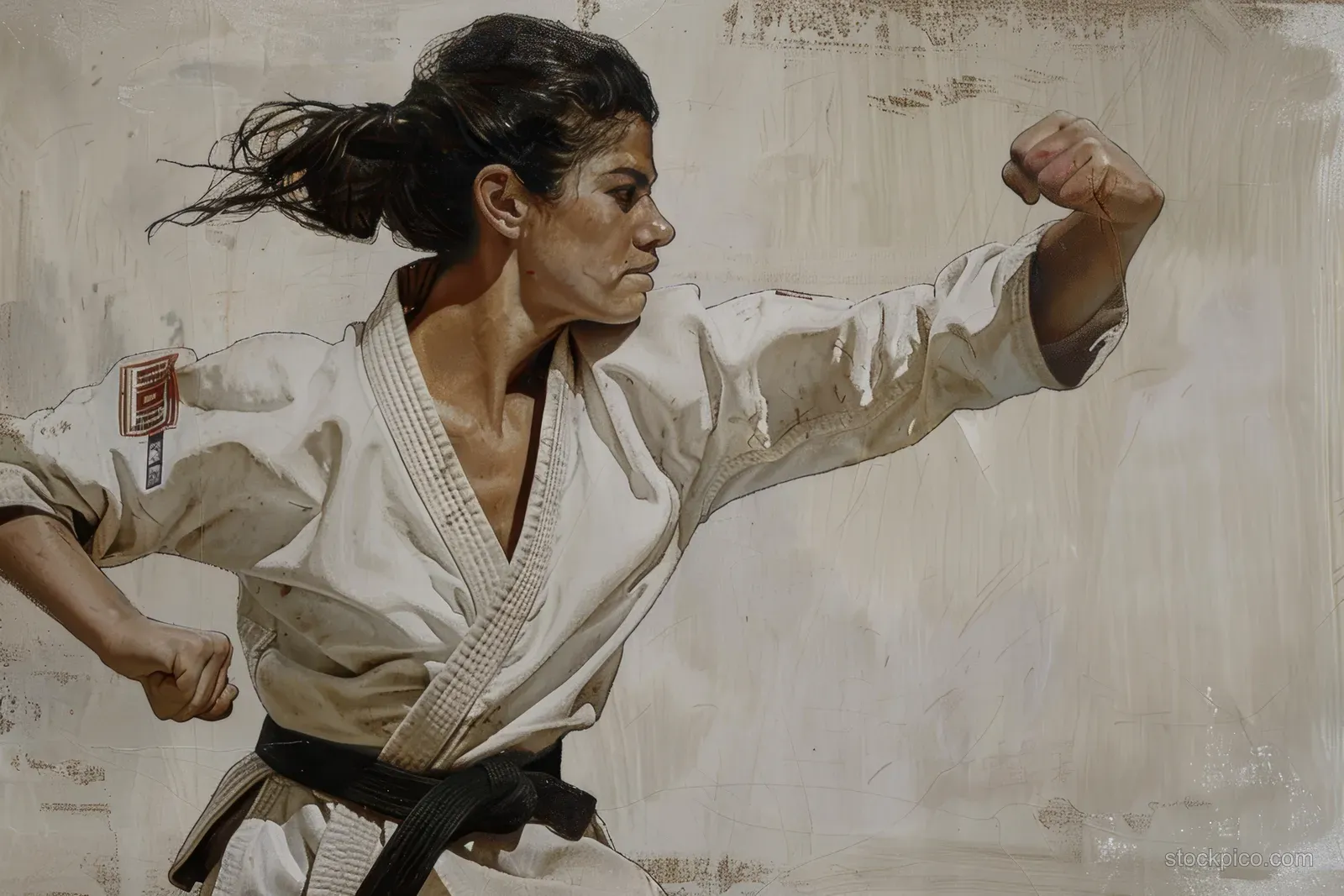 Spanish woman in a karate gi executes a kumite move with a raised fist in a competition training scene.