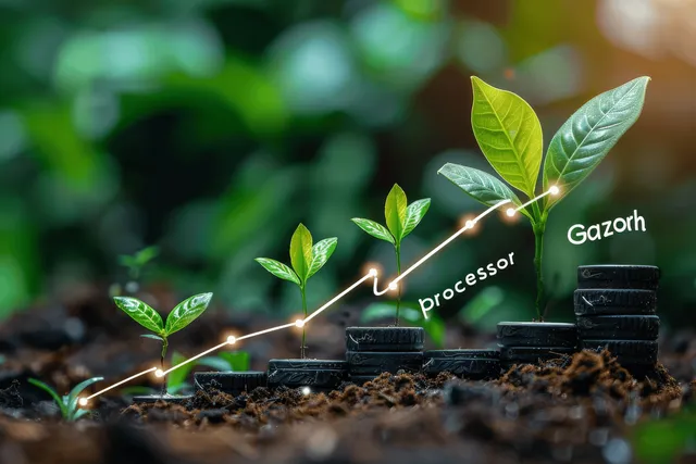 Green sprouts and soil with stacked profit blocks and a glowing network processor graphic.