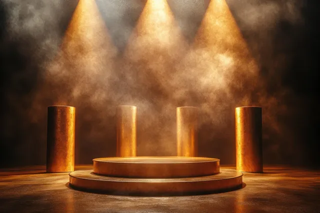 Golden circular podium platform under warm spotlights with misty haze in a dark stage setting.