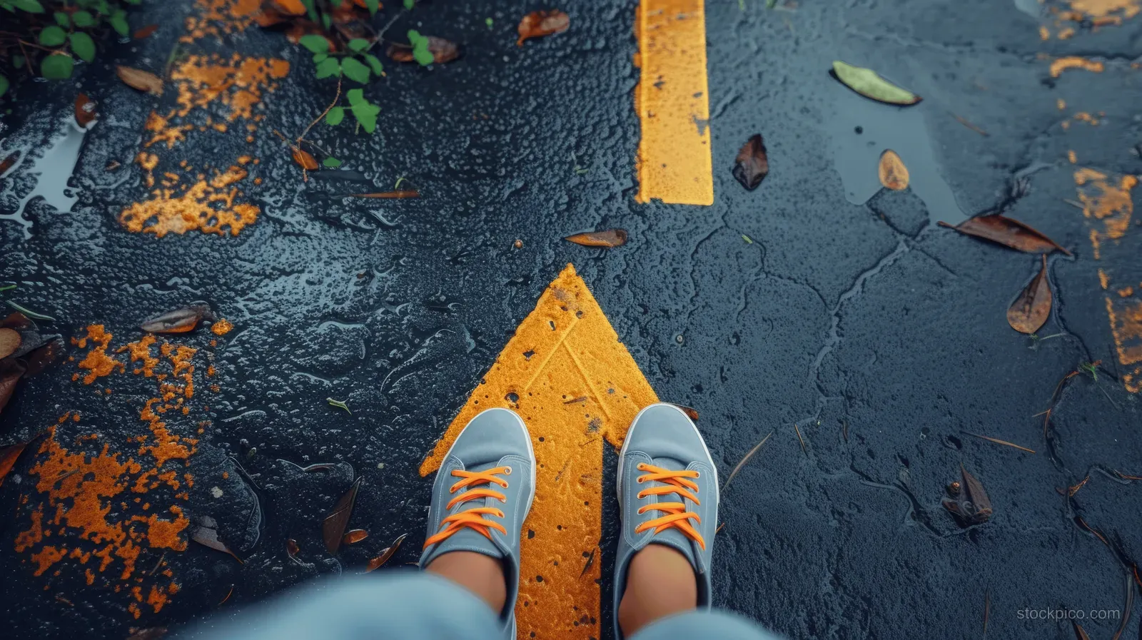 Blue sneakers on cracked pavement surrounded by scattered autumn leaves.