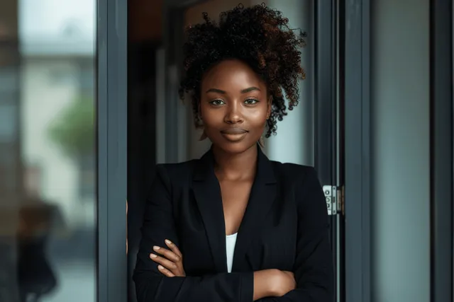 A confident Black businesswoman in a suit smiles beside glass office doors with arms crossed.