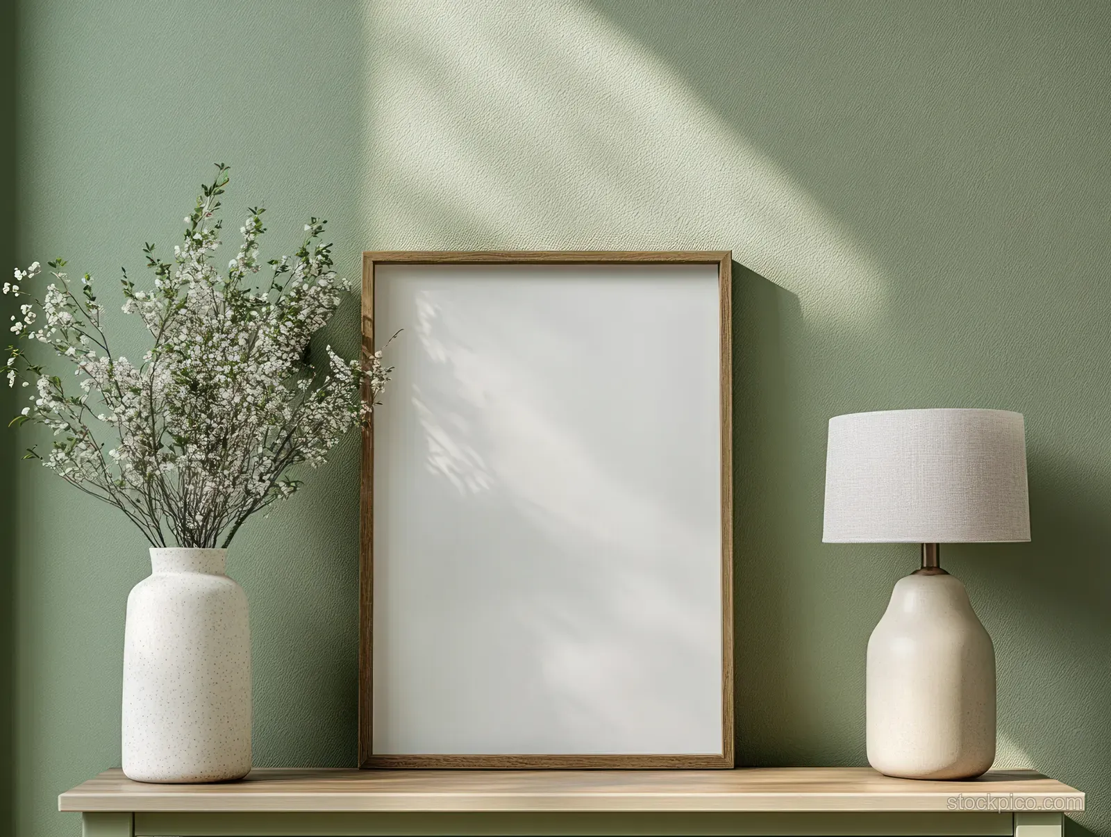 Empty framed artwork, white vase with tiny sprigs, and a softly lit table lamp on a shelf in natural light.