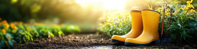 Yellow rubber boots sit at the edge of an organic vegetable garden bed in warm sunlight with rows of plants behind.