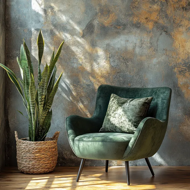 Green velvet armchair with a throw pillow sits in front of a textured wall beside a potted snake plant.
