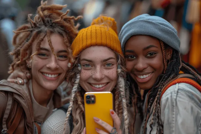 A diverse group of young friends smiles together while sharing content on a smartphone outdoors in a city setting.