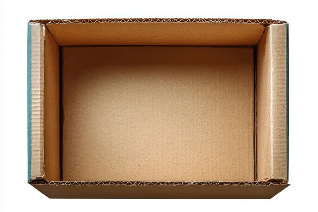 Empty brown corrugated cardboard box viewed from above on a white background with visible flaps and edges.