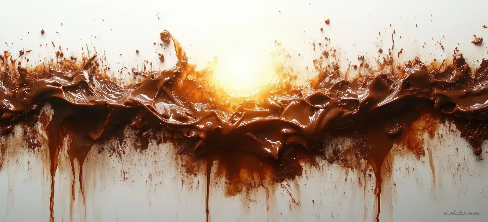 Chocolate splatter sunburst with thick drips and smeared streaks over a cream background.
