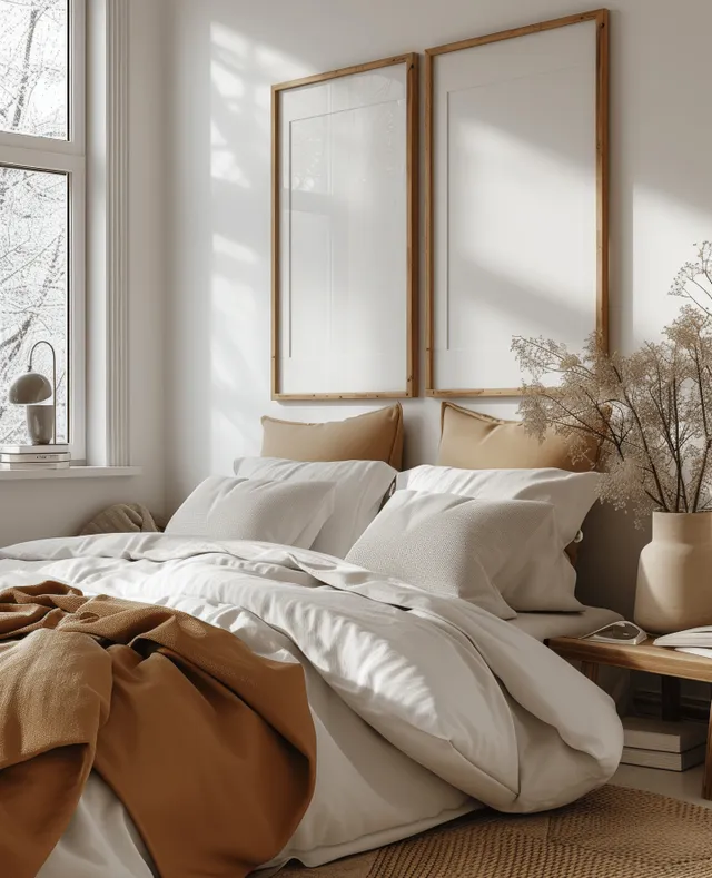 Cozy modern bedroom with triple framed wall mockup above rumpled bed