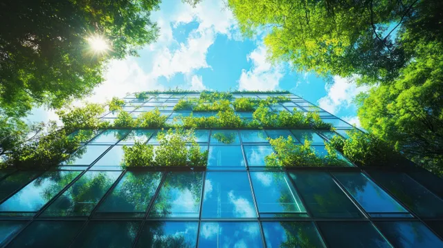 Sunlit glass building facade covered with green vines and framed by surrounding trees.
