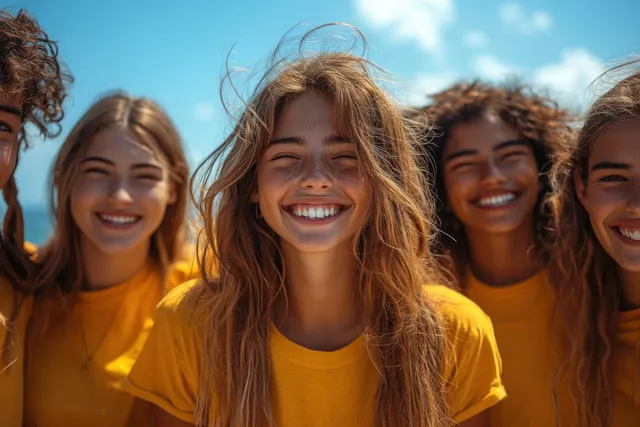 A joyful group of friends in yellow shirts hugs and laughs together outdoors under a clear blue sky.
