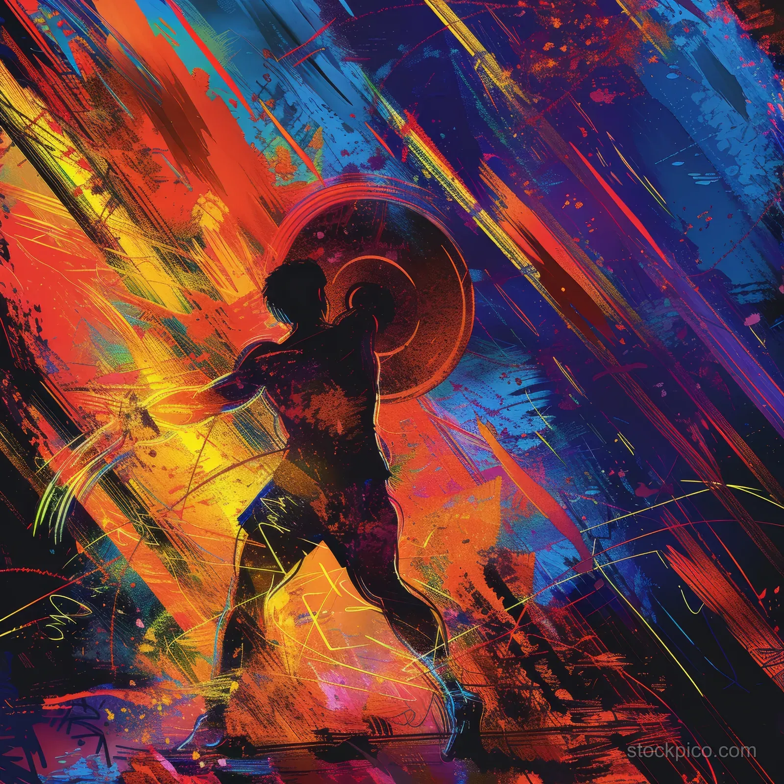 A female weightlifter raises a barbell while colorful abstract motion streaks swirl behind her.