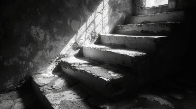 A dark stone staircase is lit by window light, casting long shadows across the steps in a dim room.