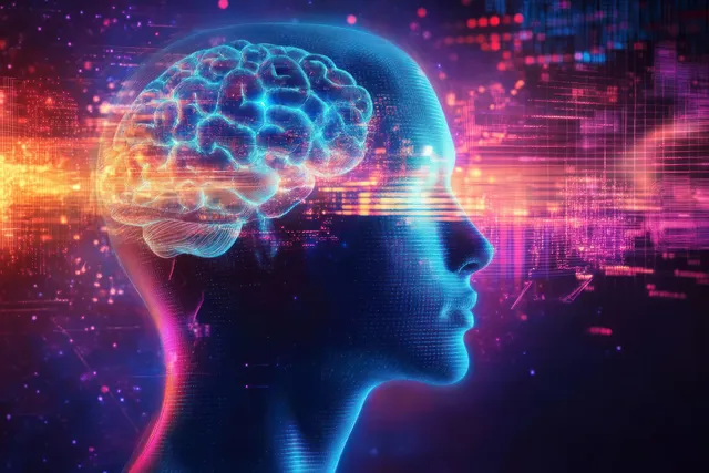 Futuristic glowing brain portrait with light rays and floating data streams in neon darkness