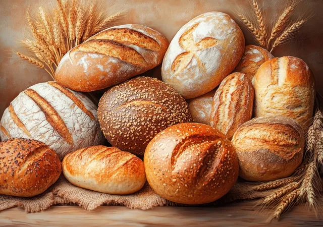 Rustic loaves with golden crusts and wheat stalks rest on a wooden board.