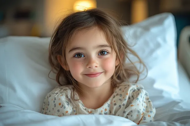 A bald young boy smiles while lying in a hospital bed with warm bedside lighting behind him.