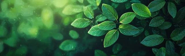 Green leaves covered in morning dew catch soft sunlight with blurred garden background.