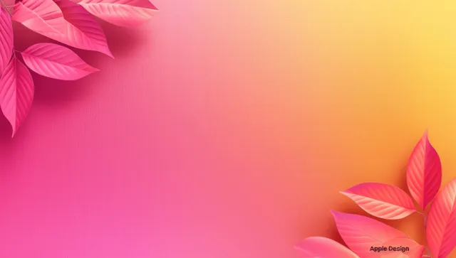 Pastel pink and yellow gradient background with soft grain texture and pink leaves corners