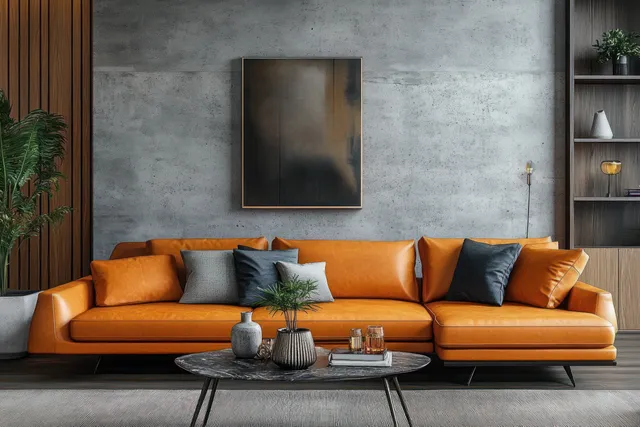 Cozy Scandinavian living room with mid-century modern orange sofas, soft lighting, and a stylish coffee table against a concrete wall.