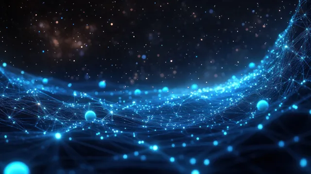 Glowing blue network waves of connected nodes and floating particles in dark space background