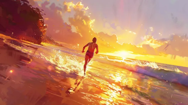 Triathlete running along a sunlit beach as waves splash behind and sunlight flares across the water.